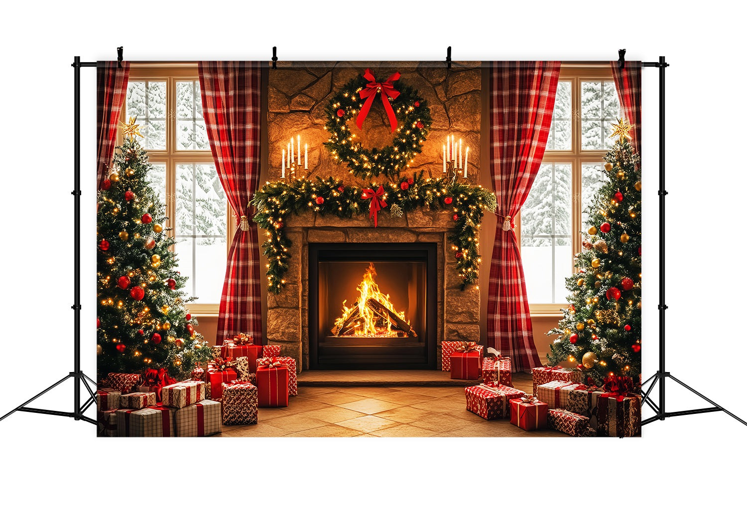 Toile de fond photo Noël Matin Douillet à la Cheminée Tartan LXX58-96