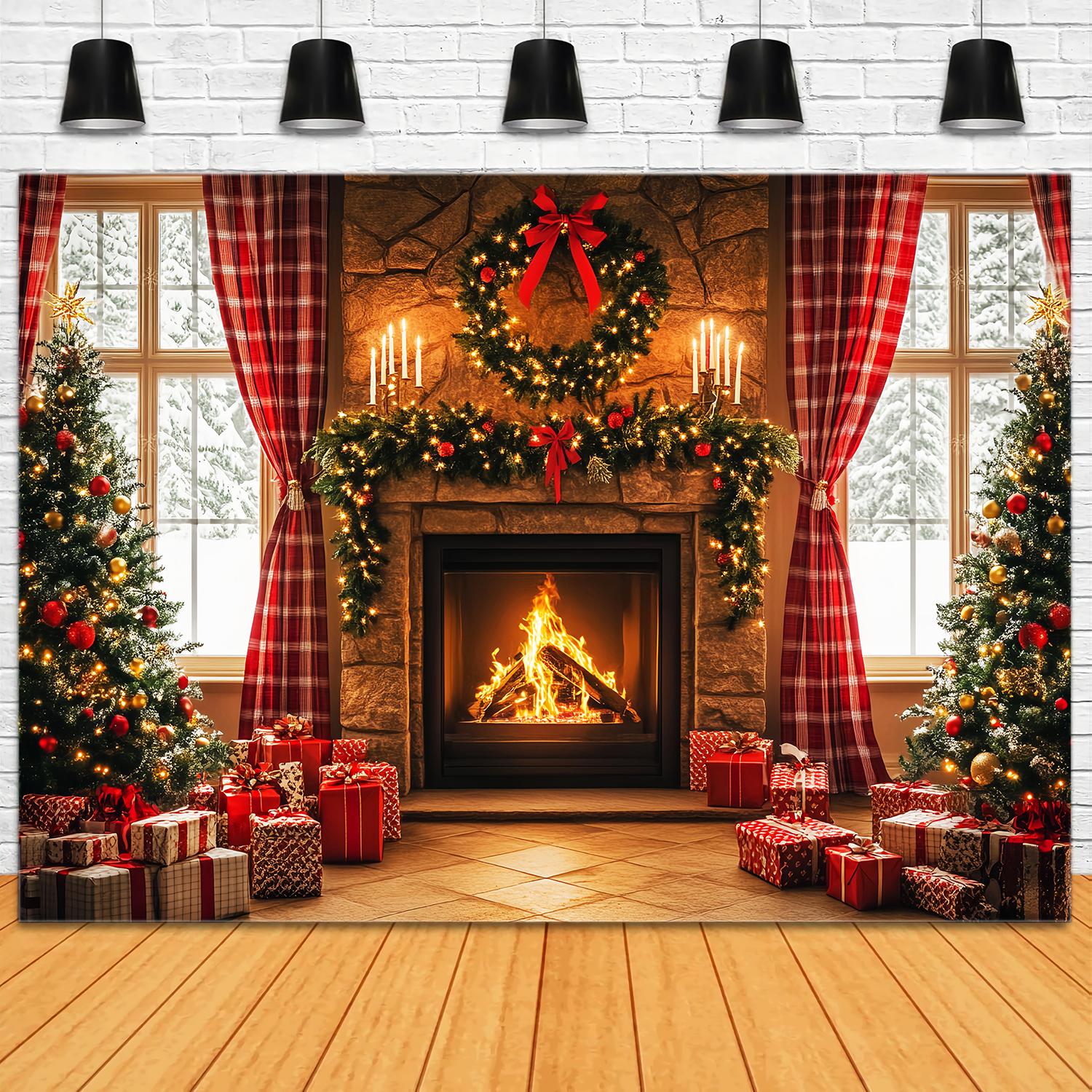 Toile de fond photo Noël Matin Douillet à la Cheminée Tartan LXX58-96