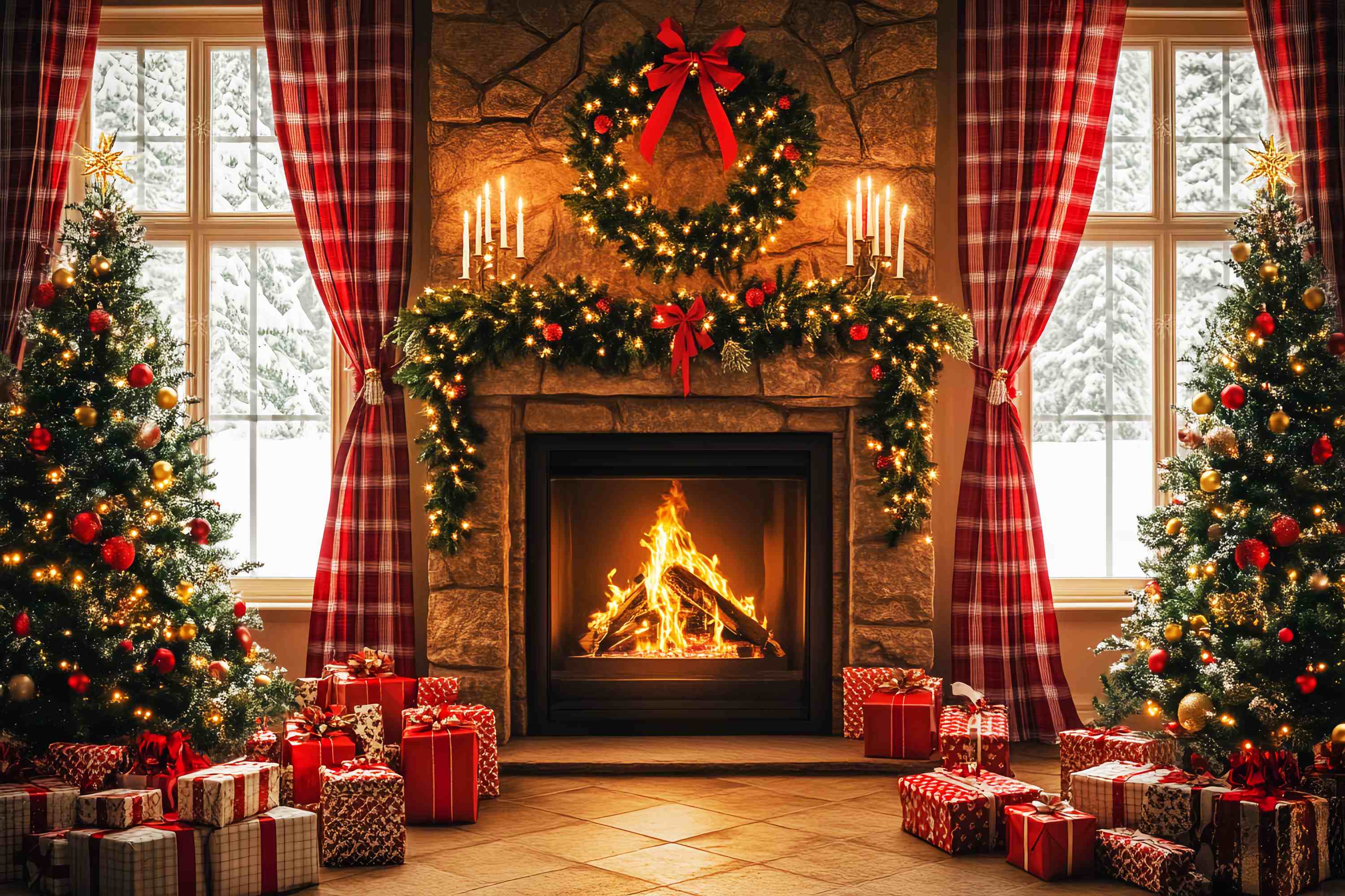 Toile de fond photo Noël Matin Douillet à la Cheminée Tartan LXX58-96