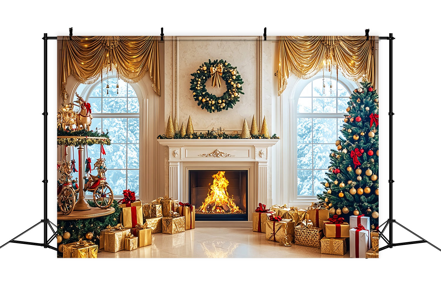 Toile de fond Noël Cheminée Dorée et Manège de Luxe LXX58-98