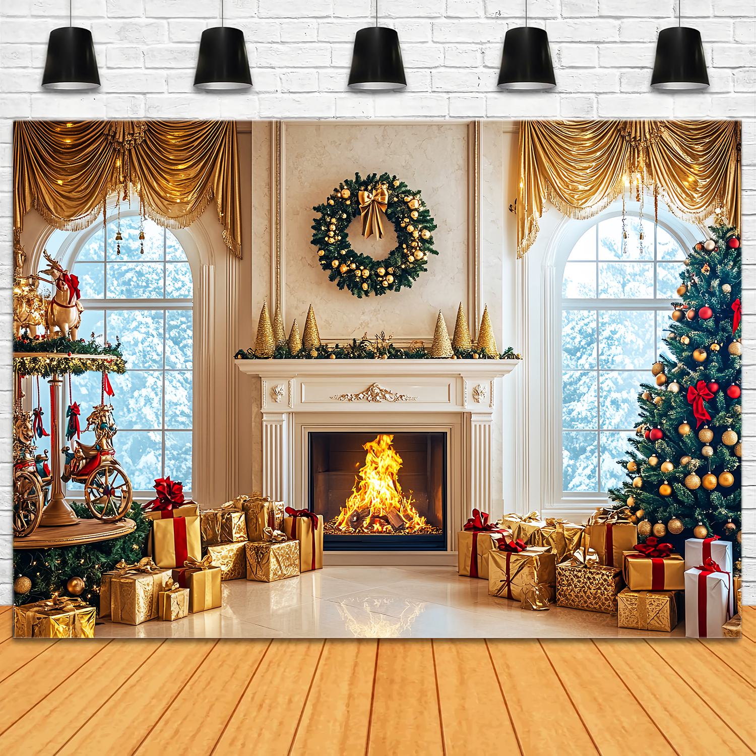 Toile de fond Noël Cheminée Dorée et Manège de Luxe LXX58-98