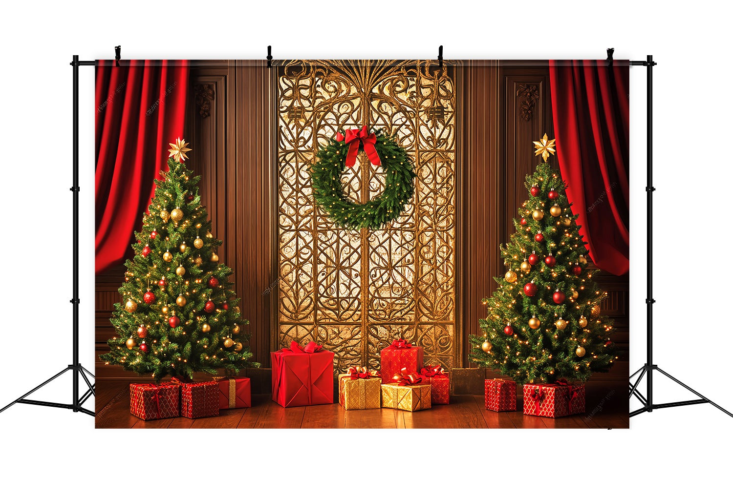 Toile de fond Noël Porte Dorée,Couronne et Sapin Cadeau LXX58-99