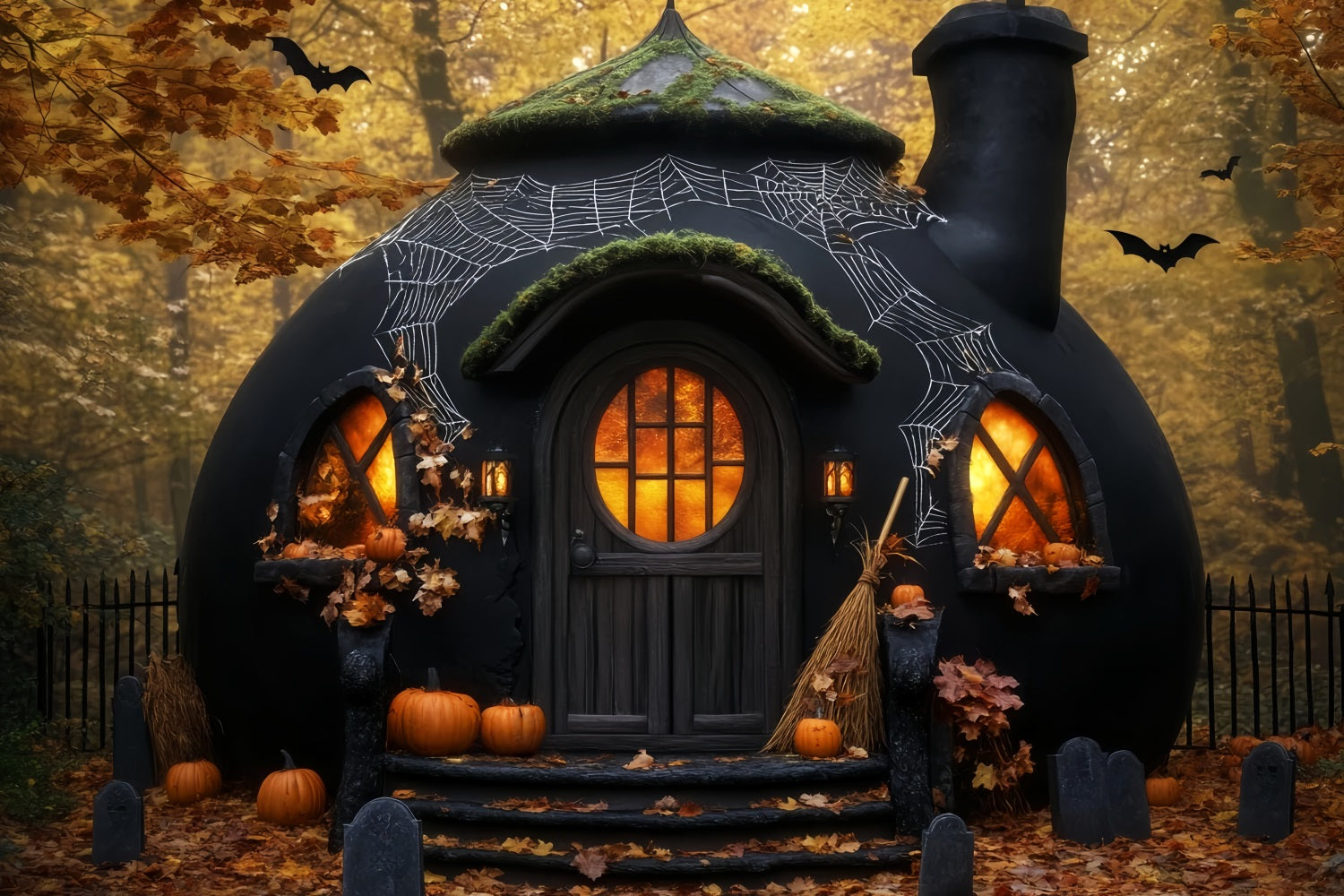 Toile De Fond Photo Halloween Horreur Citrouilles Effrayantes Hutte De Sorcière LXX59-100