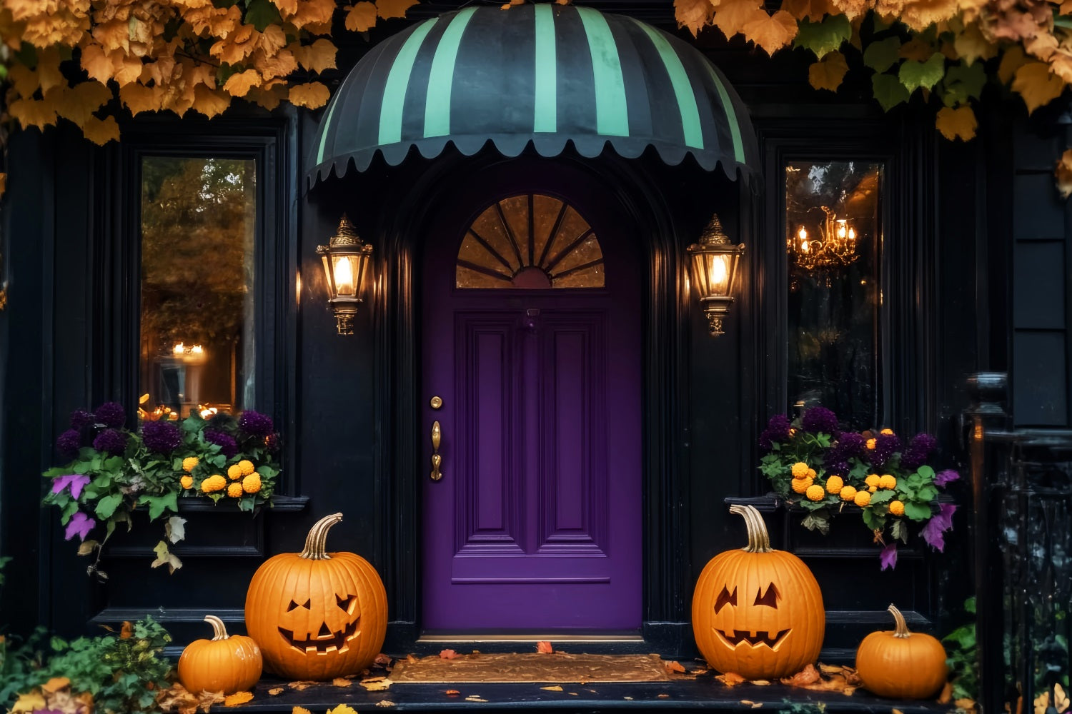 Toile De Fond Photo Halloween Porte Violette Citrouilles Lanternes LXX59-102