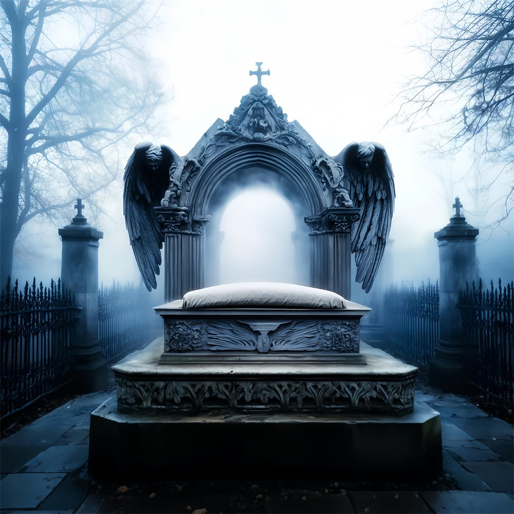 Toile Photo Halloween Cimetière Ange Pierre Tombale Brouillard LXX59-103