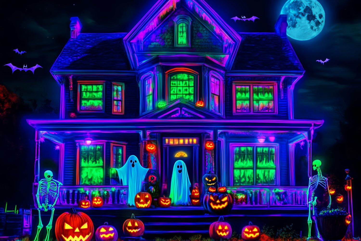 Toile De Fond Halloween Fantôme Néon Maison Hantée Lueur Effrayant LXX59-108