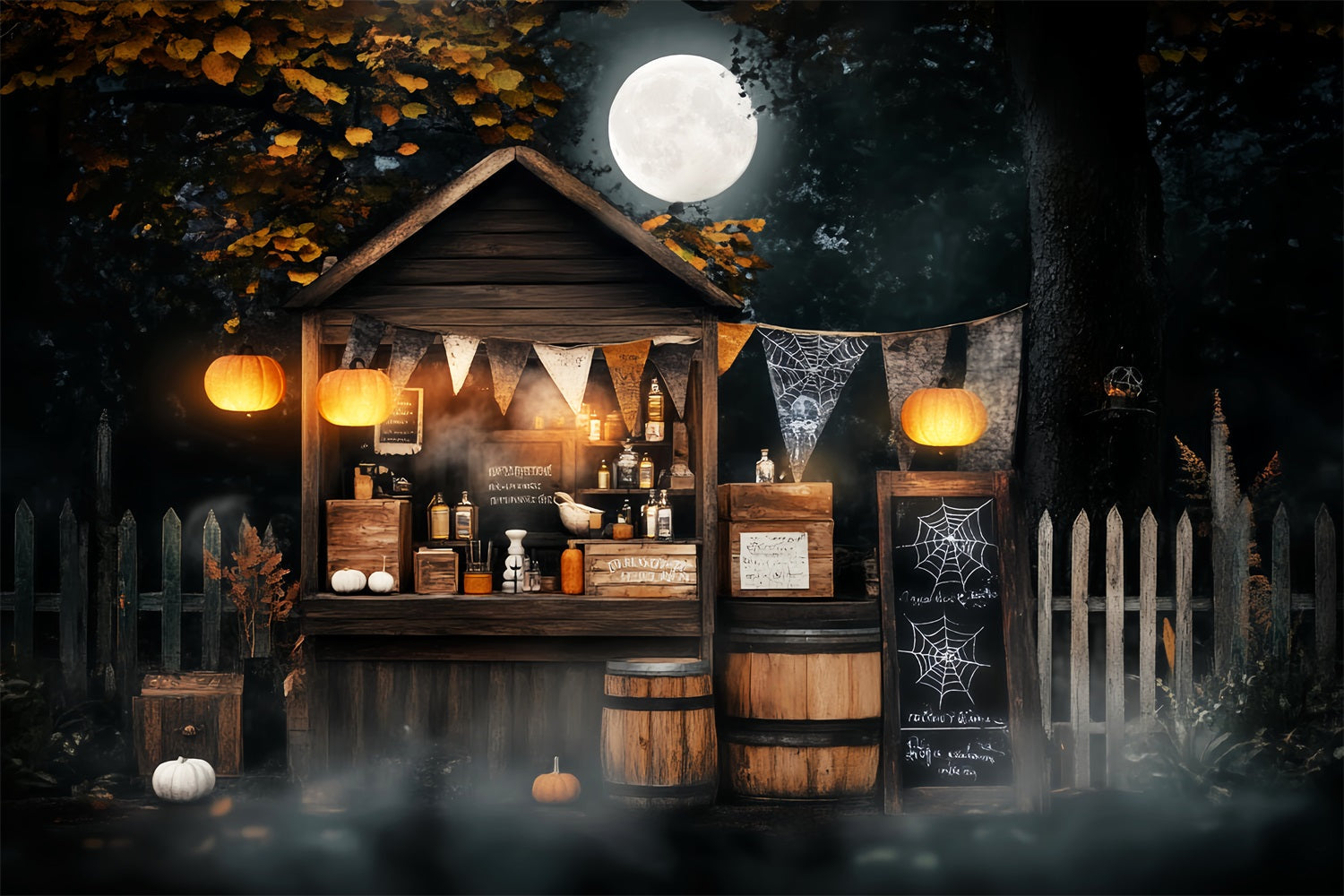 Toile De Fond Halloween Forêt Hantée Stand De Potion Clair De Lune Citrouilles LXX59-111