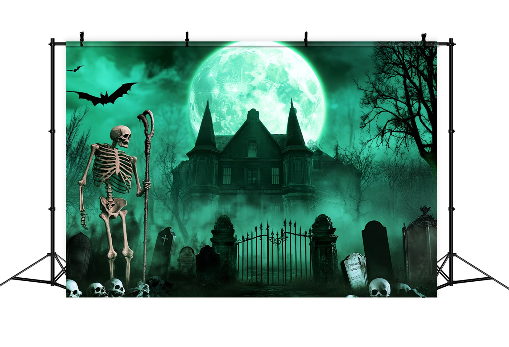 Toile De Fond Halloween Cimetière Squelettes Lune Verte Effrayant LXX59-113