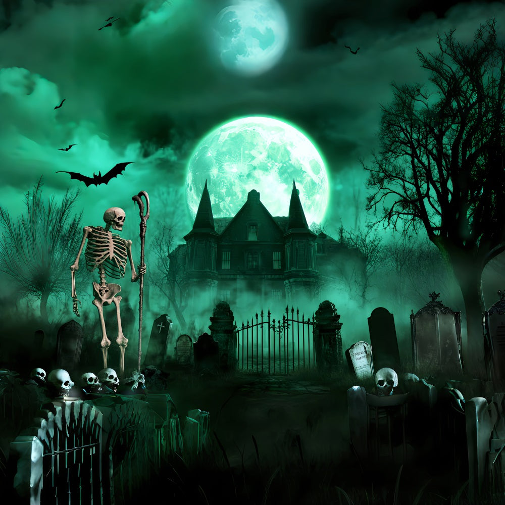 Toile De Fond Halloween Cimetière Squelettes Lune Verte Effrayant LXX59-113