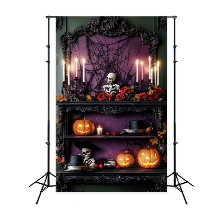 Toile De Fond Photo Halloween Forêt Hantée Roses Violettes Étagère Squelettes LXX59-114