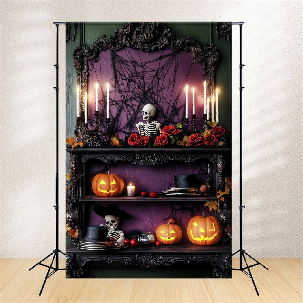 Toile De Fond Photo Halloween Forêt Hantée Roses Violettes Étagère Squelettes LXX59-114