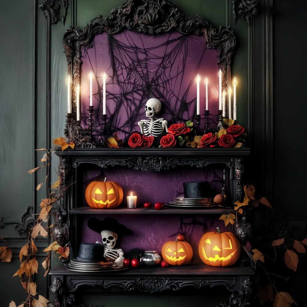 Toile De Fond Photo Halloween Forêt Hantée Roses Violettes Étagère Squelettes LXX59-114