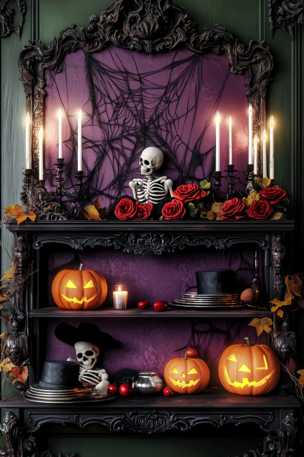 Toile De Fond Photo Halloween Forêt Hantée Roses Violettes Étagère Squelettes LXX59-114