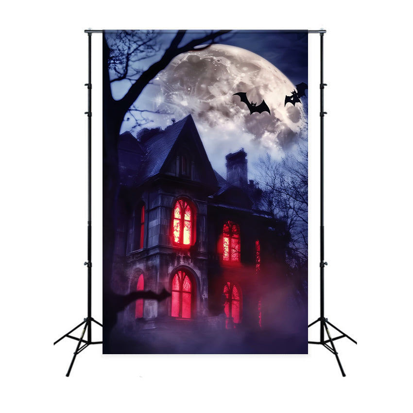 Toile De Fond Halloween Forêt Hantée Manoir Fenêtres Rouges LXX59-115