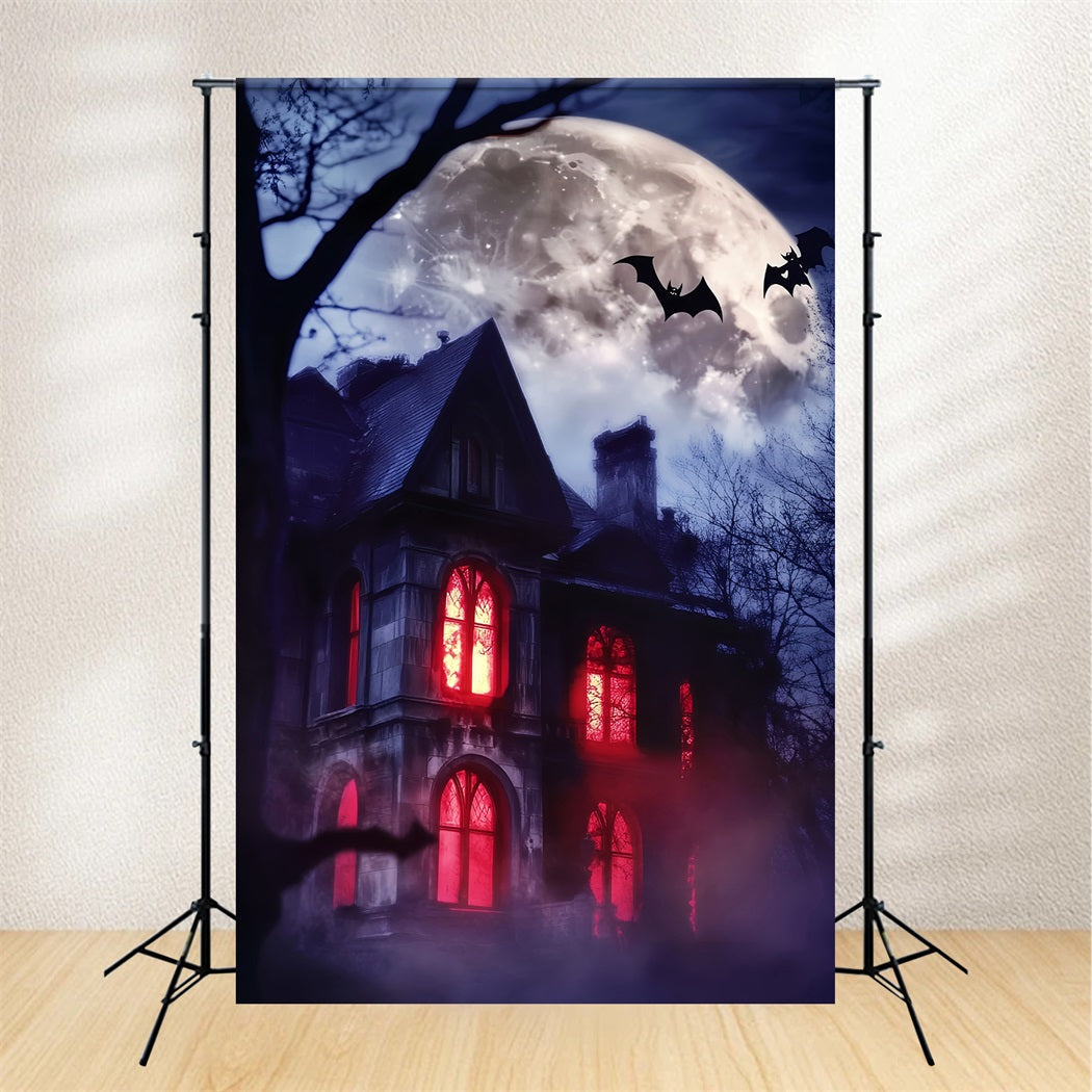 Toile De Fond Halloween Forêt Hantée Manoir Fenêtres Rouges LXX59-115
