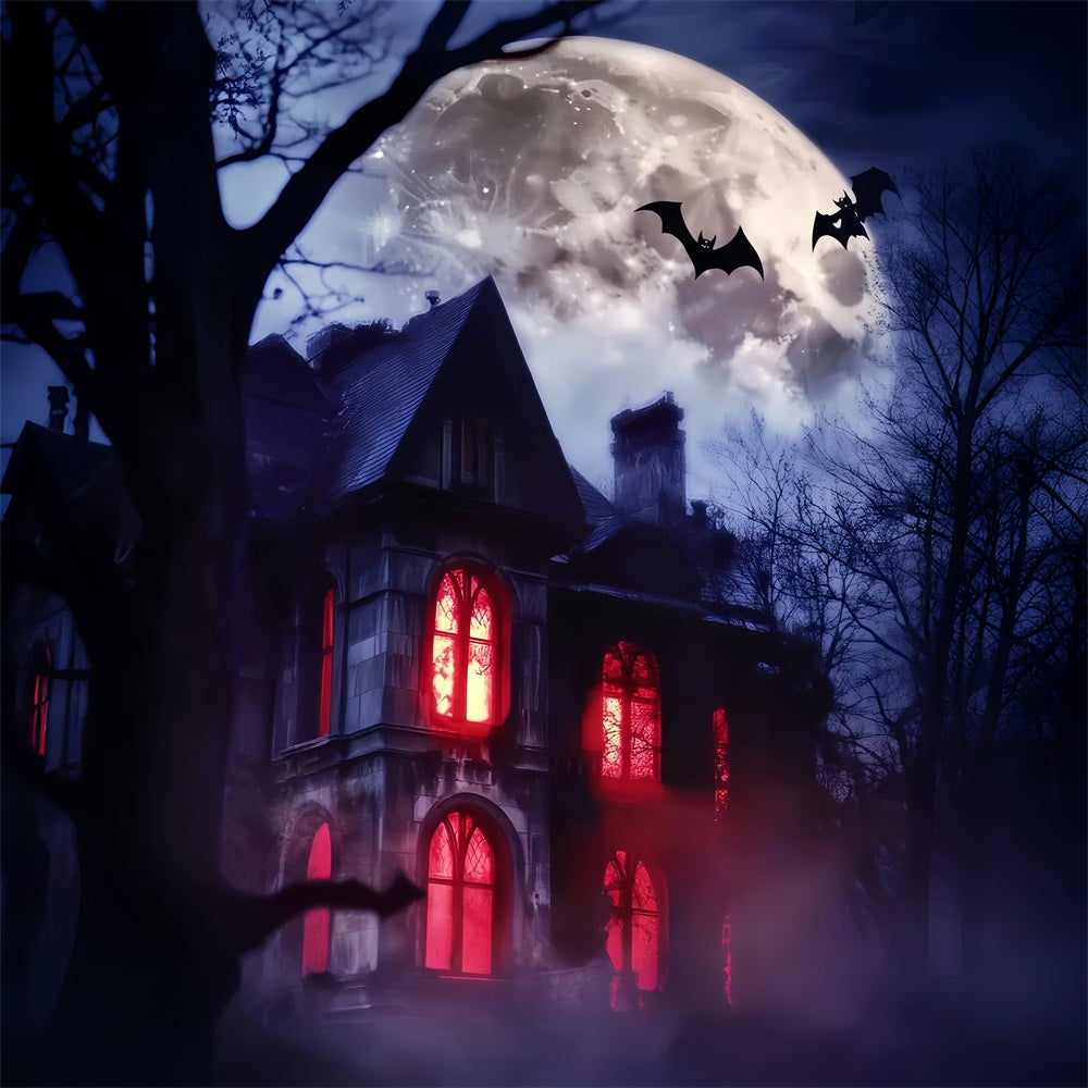 Toile De Fond Halloween Forêt Hantée Manoir Fenêtres Rouges LXX59-115