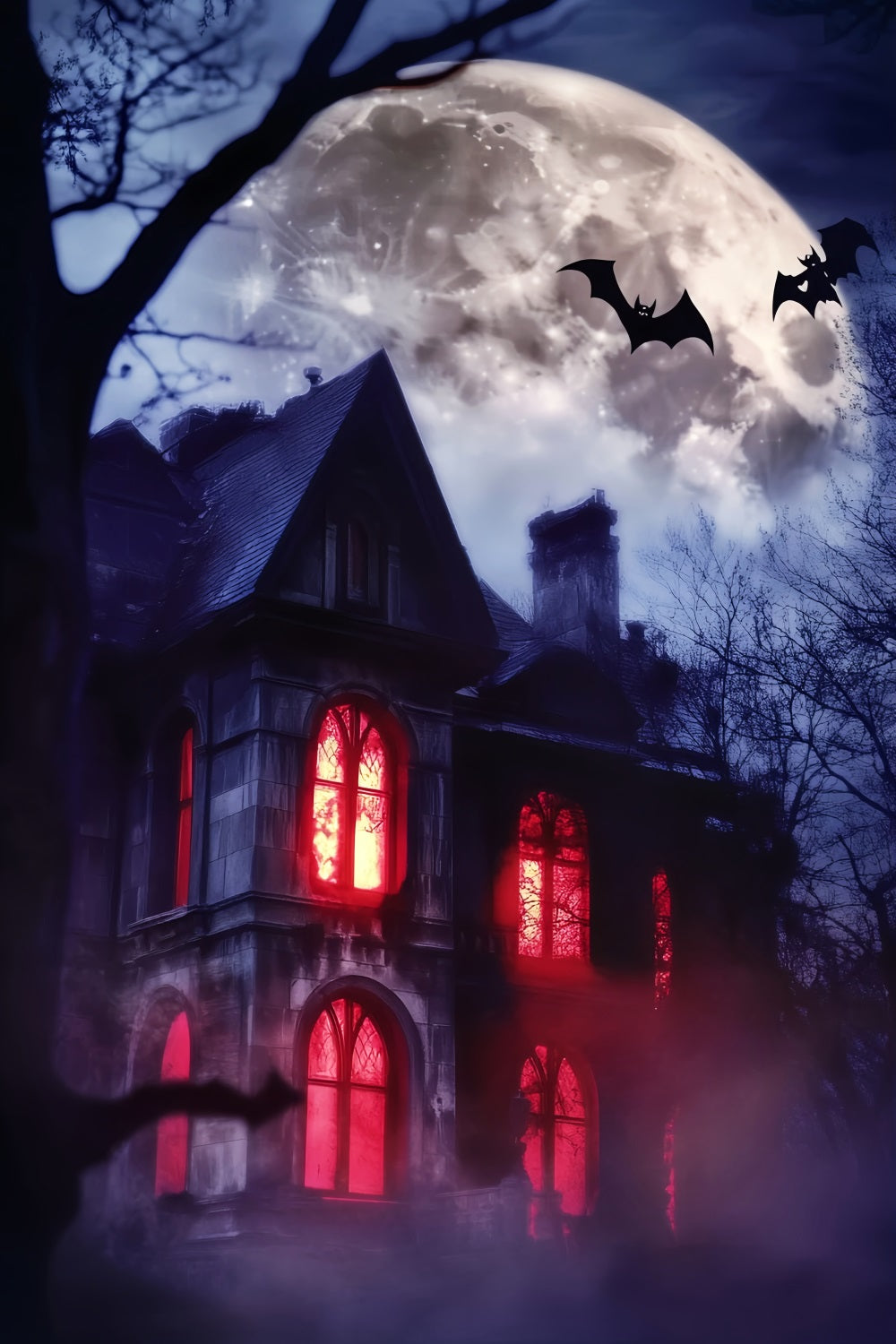 Toile De Fond Halloween Forêt Hantée Manoir Fenêtres Rouges LXX59-115
