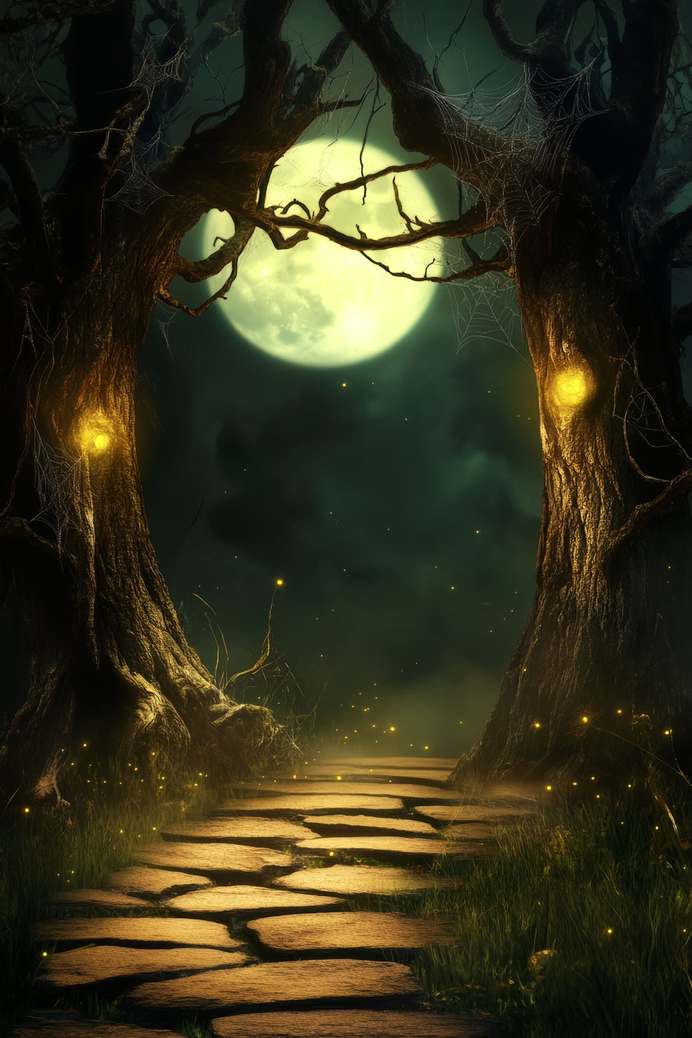 Toile De Fond Photo Halloween Forêt Hantée Chemin Clair De Lune Arbres Enchantés LXX59-118
