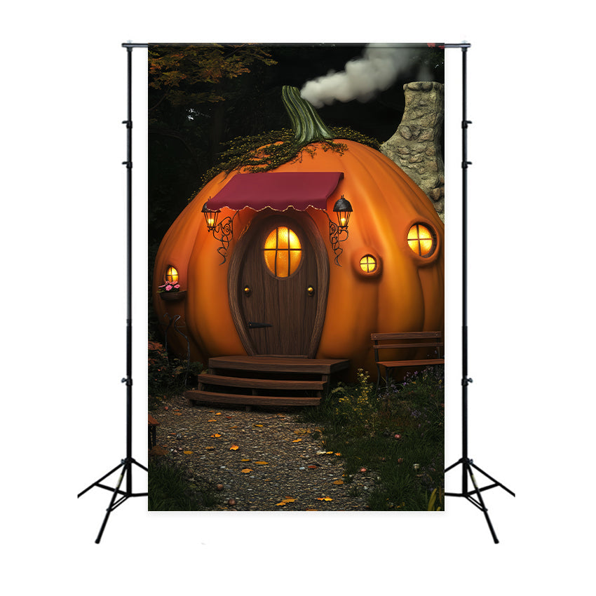 Toile De Fond Halloween Forêt Hantée Cottage Citrouilles Lanternes LXX59-120
