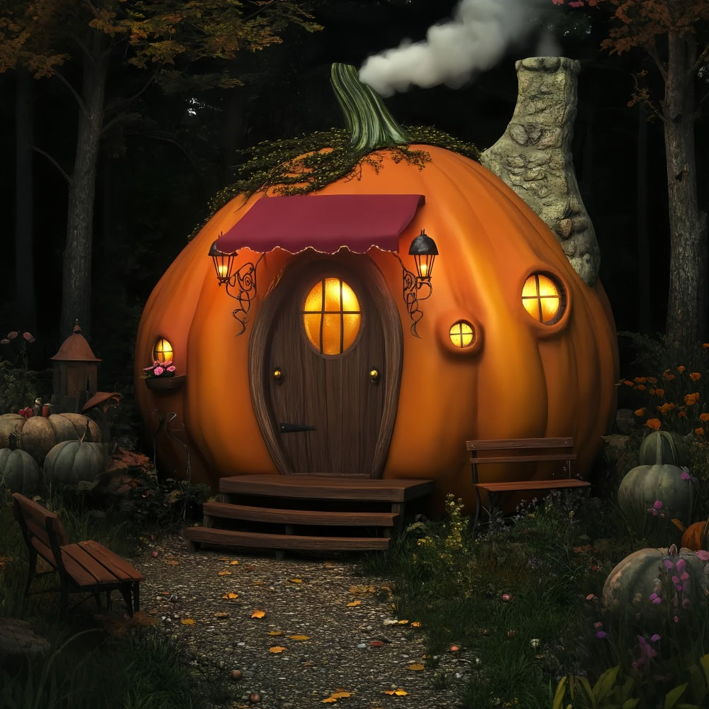 Toile De Fond Halloween Forêt Hantée Cottage Citrouilles Lanternes LXX59-120
