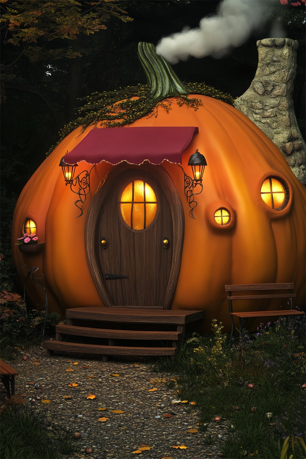 Toile De Fond Halloween Forêt Hantée Cottage Citrouilles Lanternes LXX59-120