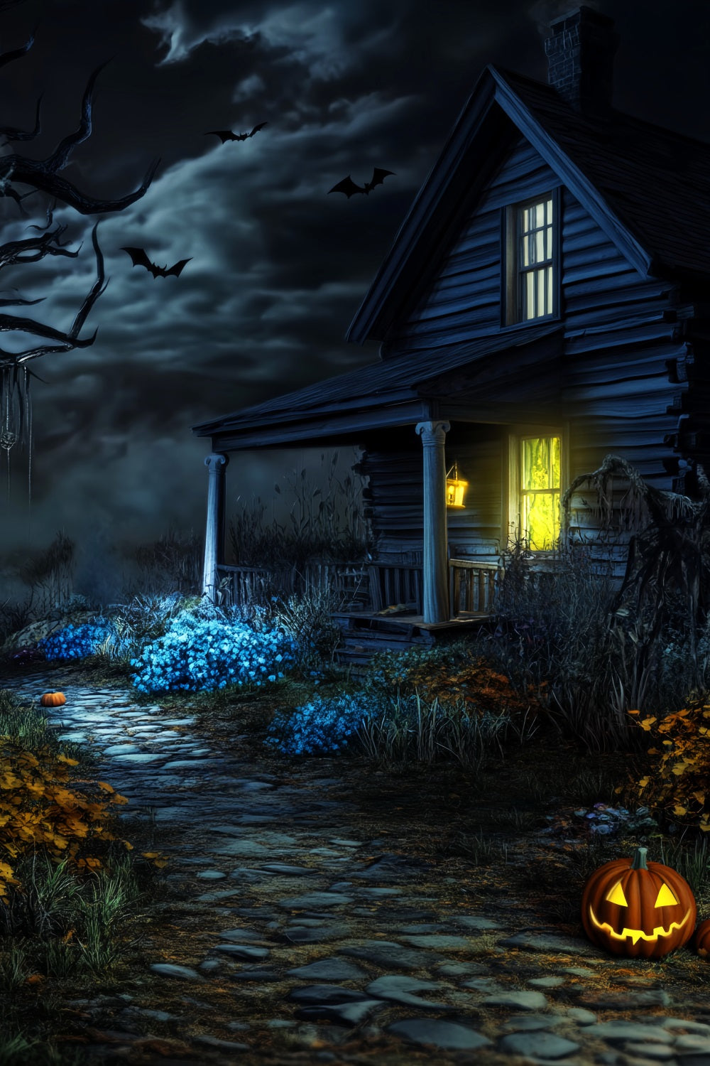 Toile De Fond Photo Halloween Forêt Hantée Cabane Lugubre Chemin Citrouilles LXX59-122