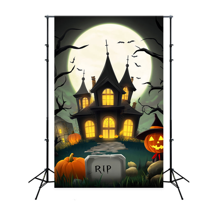 Toile De Fond Photo Halloween Forêt Hantée Manoir Dessin Animé Pleine Lune LXX59-123