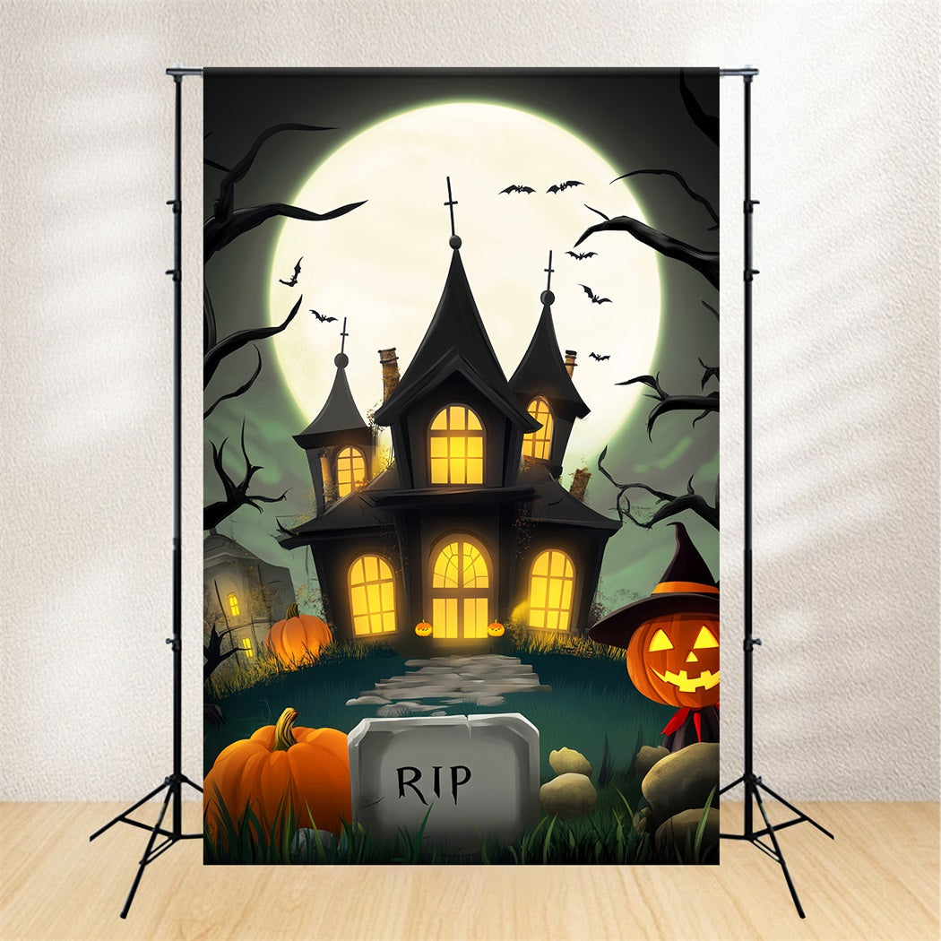 Toile De Fond Photo Halloween Forêt Hantée Manoir Dessin Animé Pleine Lune LXX59-123
