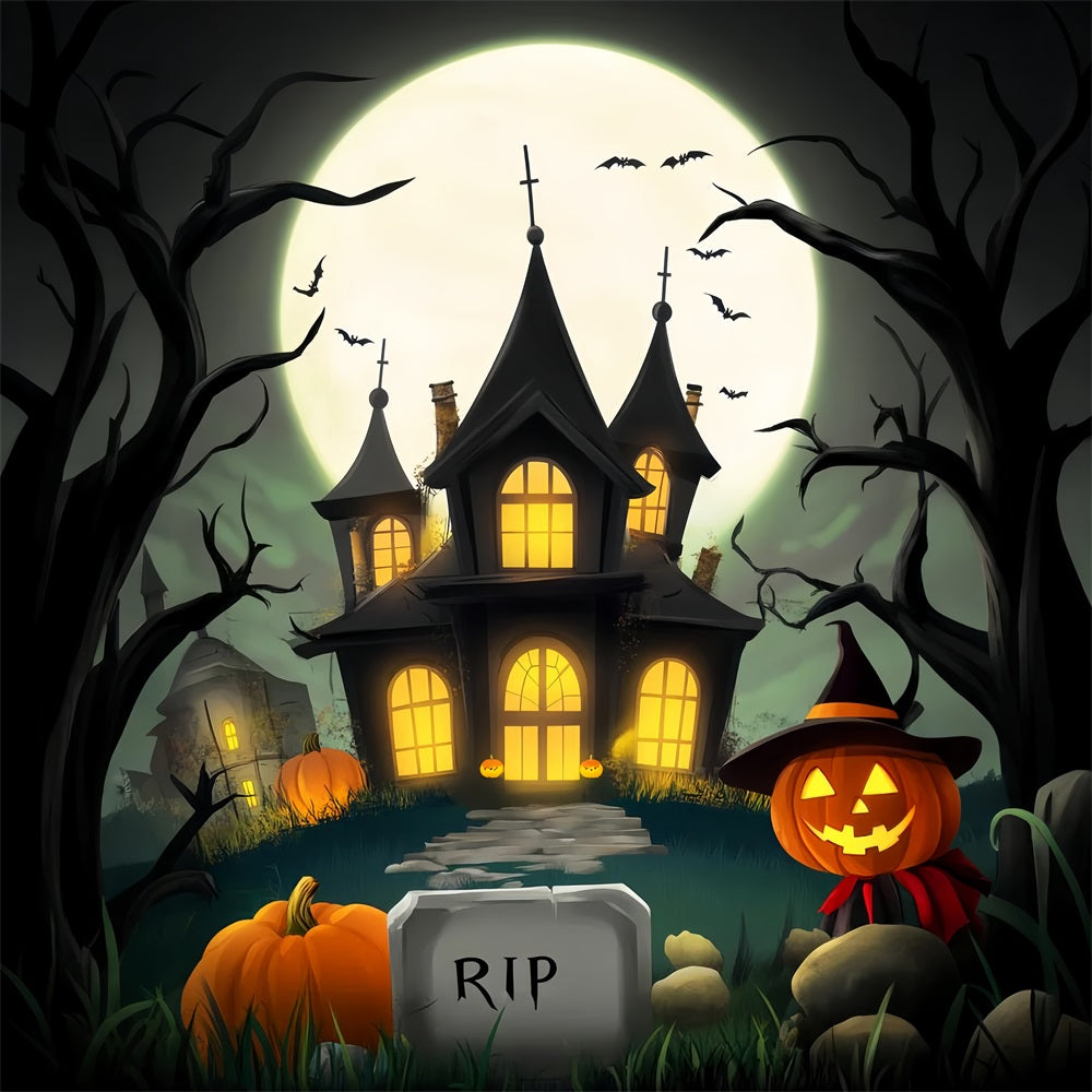 Toile De Fond Photo Halloween Forêt Hantée Manoir Dessin Animé Pleine Lune LXX59-123