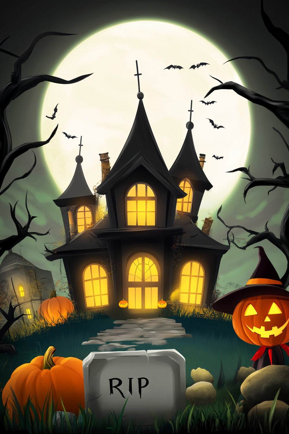 Toile De Fond Photo Halloween Forêt Hantée Manoir Dessin Animé Pleine Lune LXX59-123