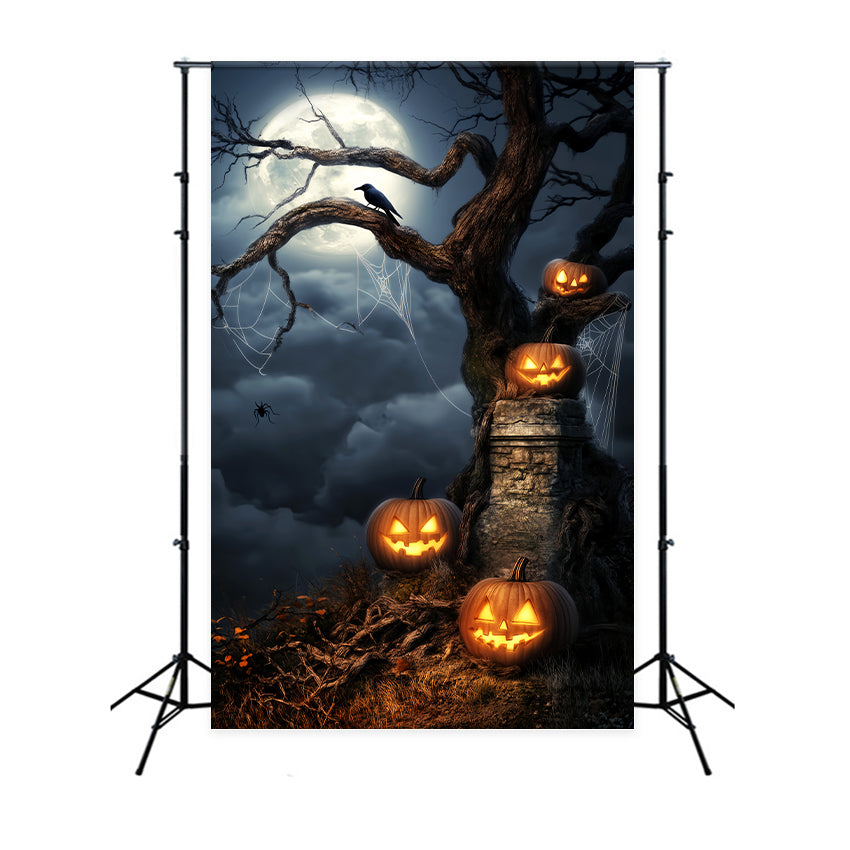 Toile De Fond Halloween Forêt Hantée Citrouilles Lumineuses Arbre Clair De Lune LXX59-124