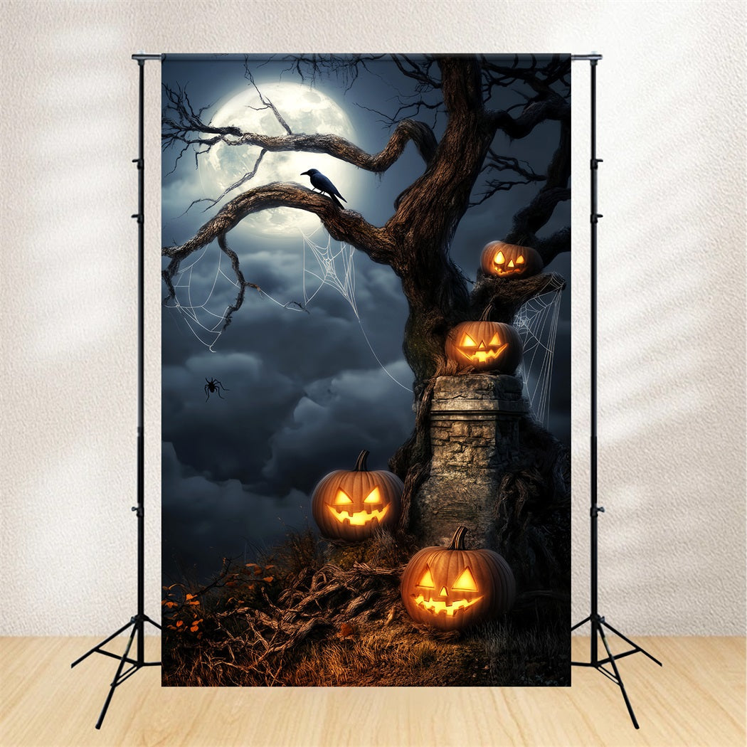 Toile De Fond Halloween Forêt Hantée Citrouilles Lumineuses Arbre Clair De Lune LXX59-124