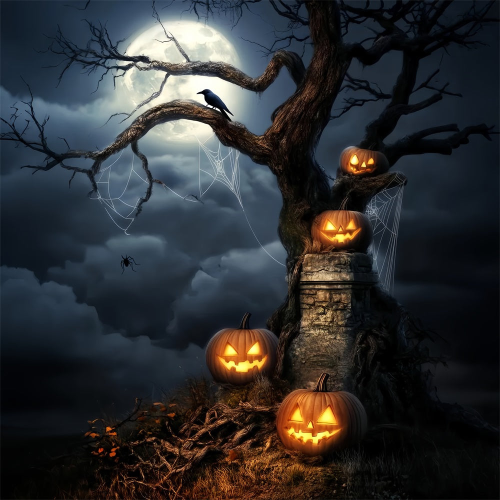 Toile De Fond Halloween Forêt Hantée Citrouilles Lumineuses Arbre Clair De Lune LXX59-124