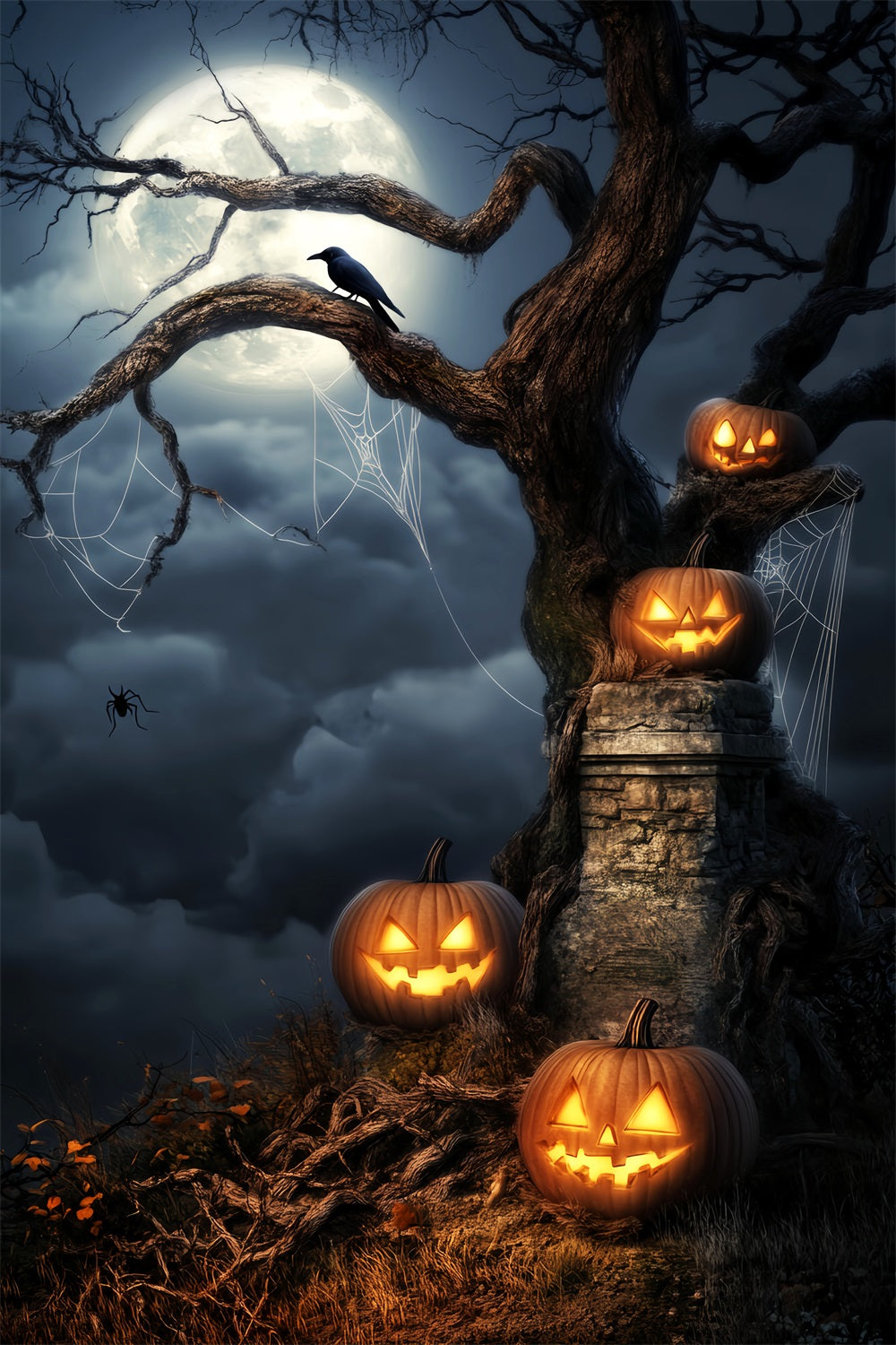 Toile De Fond Halloween Forêt Hantée Citrouilles Lumineuses Arbre Clair De Lune LXX59-124