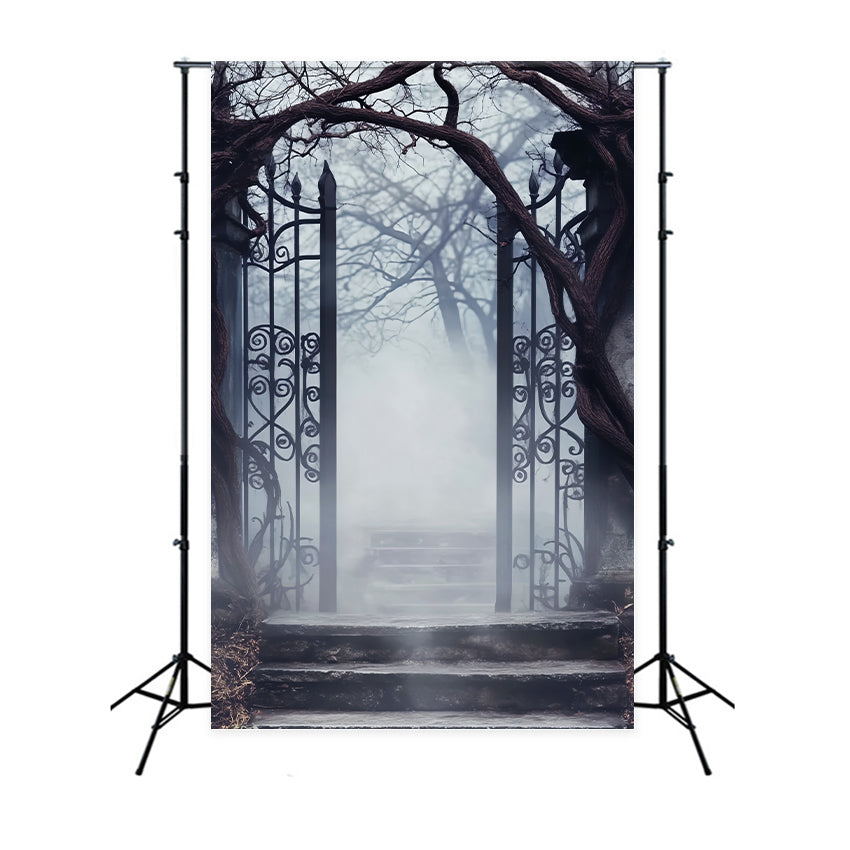 Toile Photo Halloween Forêt Hantée Cimetière Brumeux Portail En Fer LXX59-125