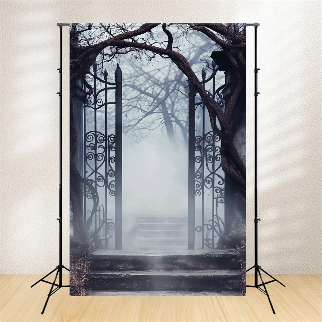 Toile Photo Halloween Forêt Hantée Cimetière Brumeux Portail En Fer LXX59-125