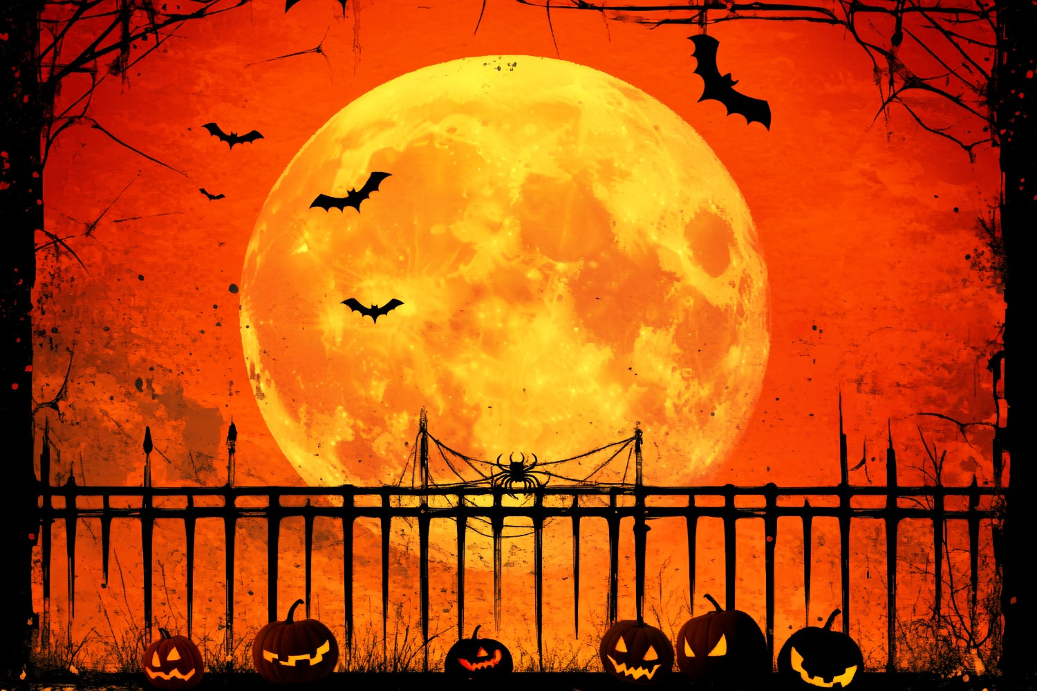 Toile De Fond Halloween Forêt Hantée Clôture Citrouille Lune LXX59-128