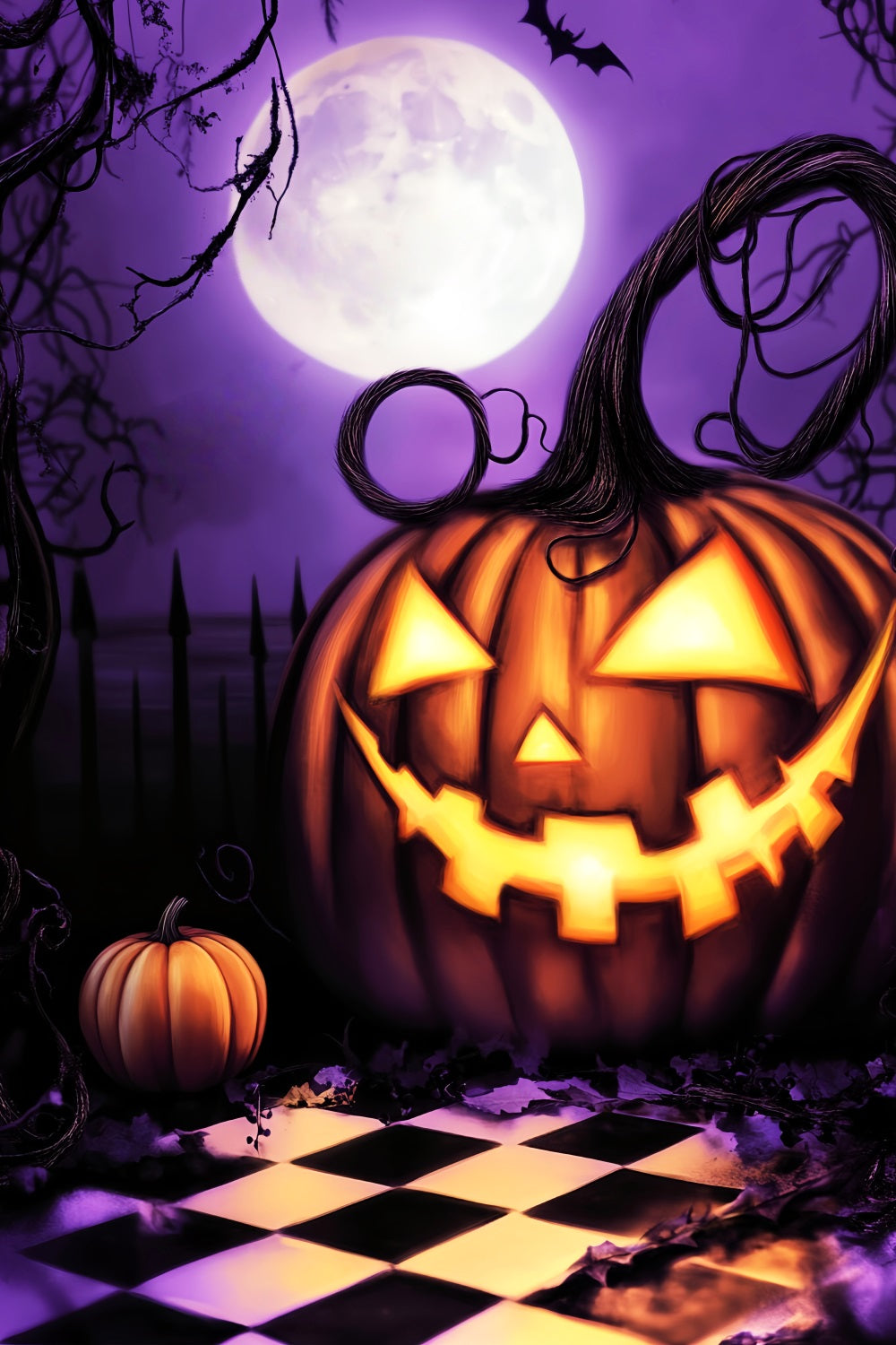 Toile De Fond Halloween Forêt Hantée Citrouille Géante Sourire Lune LXX59-130