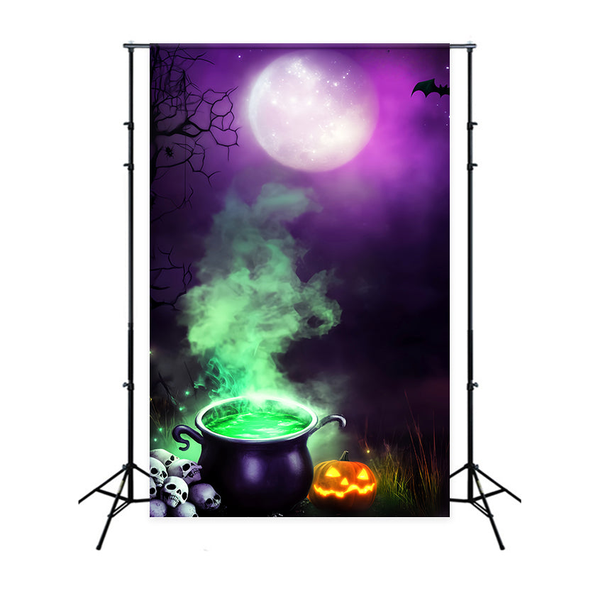 Toile De Fond Halloween Forêt Hantée Sorcière Chaudron Fumée Verte Lune LXX59-132