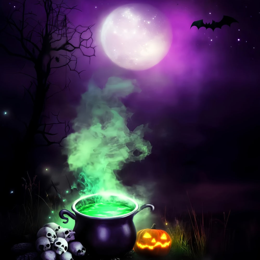 Toile De Fond Halloween Forêt Hantée Sorcière Chaudron Fumée Verte Lune LXX59-132