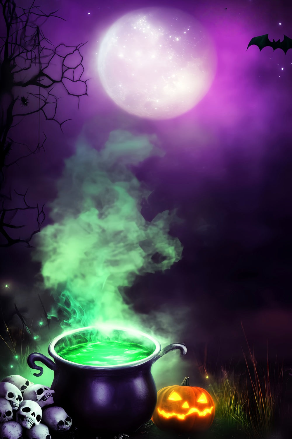 Toile De Fond Halloween Forêt Hantée Sorcière Chaudron Fumée Verte Lune LXX59-132