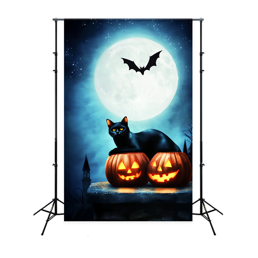 Toile De Fond Halloween Forêt Hantée Chat Noir Citrouilles Pleine Lune LXX59-134