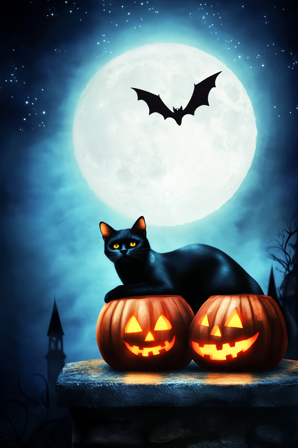 Toile De Fond Halloween Forêt Hantée Chat Noir Citrouilles Pleine Lune LXX59-134