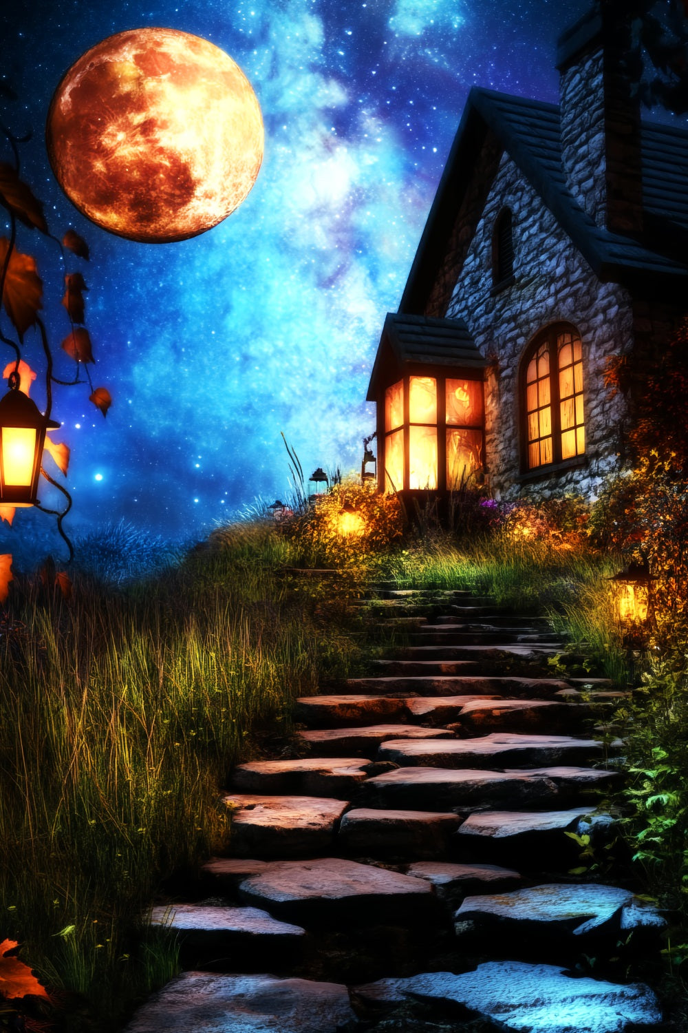 Toile De Fond Halloween Forêt Hantée Allée Lanternes Cottage Enchanté LXX59-135