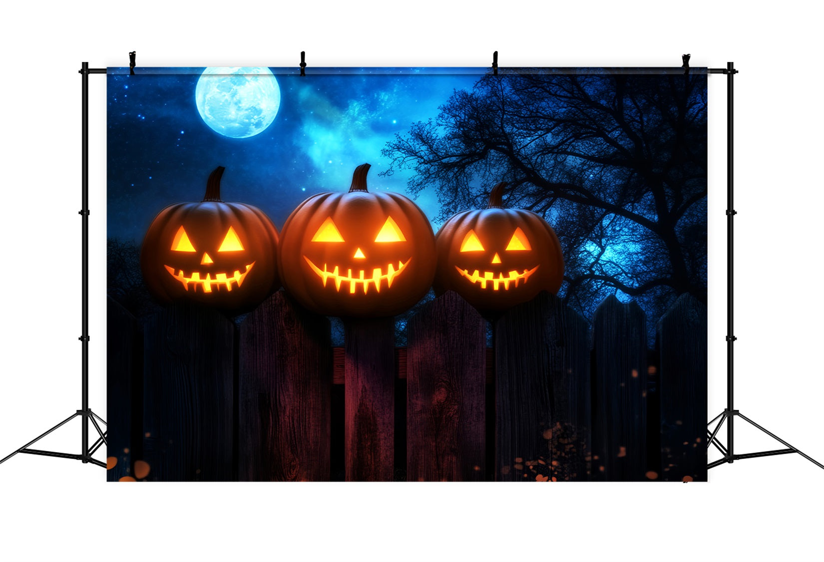 Toile De Fond Halloween Forêt Hantée Citrouilles Lumineuses Clôture Clair De Lune LXX59-136
