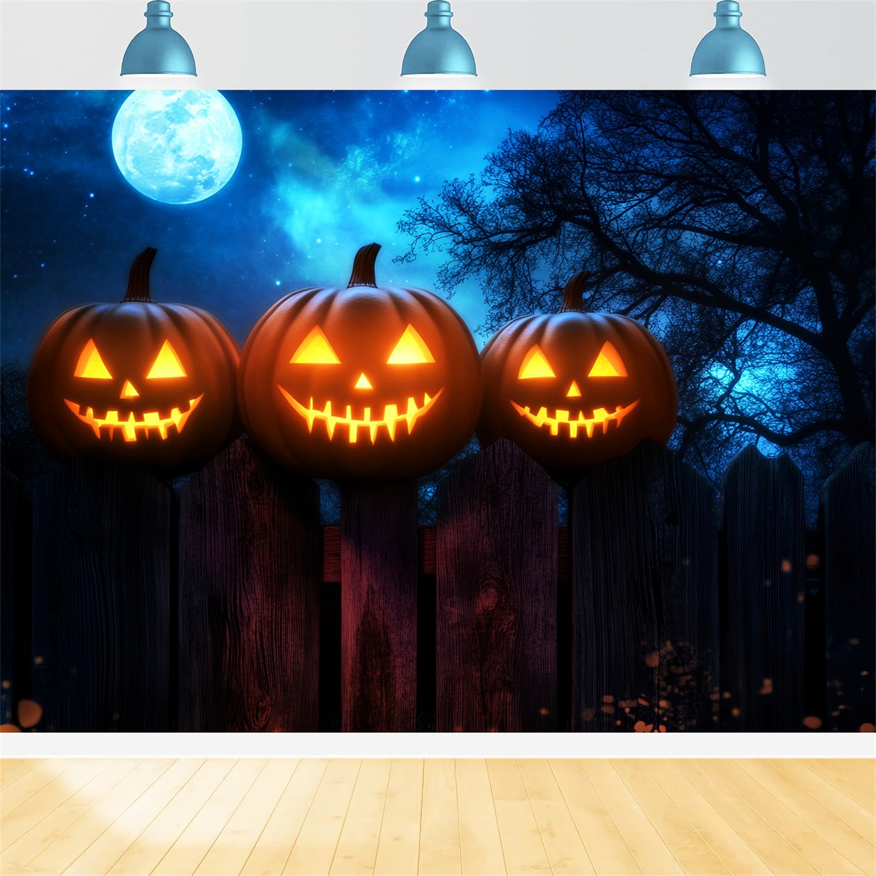 Toile De Fond Halloween Forêt Hantée Citrouilles Lumineuses Clôture Clair De Lune LXX59-136