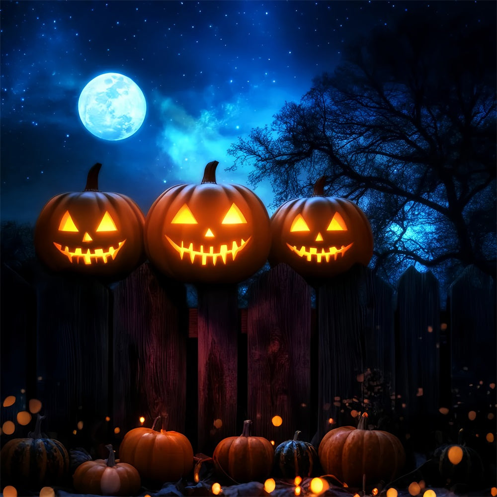 Toile De Fond Halloween Forêt Hantée Citrouilles Lumineuses Clôture Clair De Lune LXX59-136