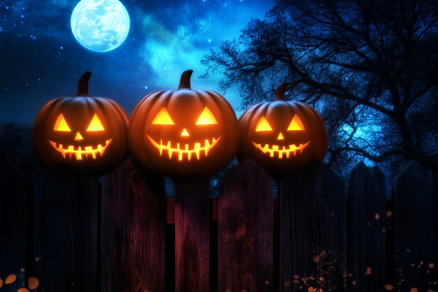Toile De Fond Halloween Forêt Hantée Citrouilles Lumineuses Clôture Clair De Lune LXX59-136