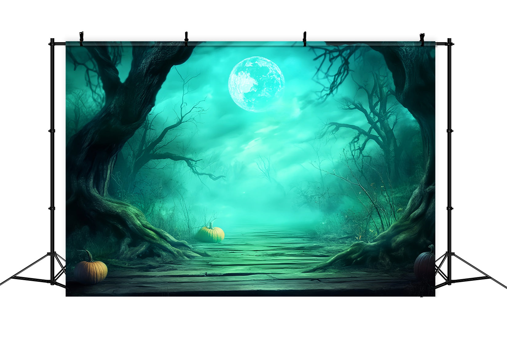 Toile De Fond Halloween Forêt Hantée Sentier Brumeux Citrouilles LXX59-137