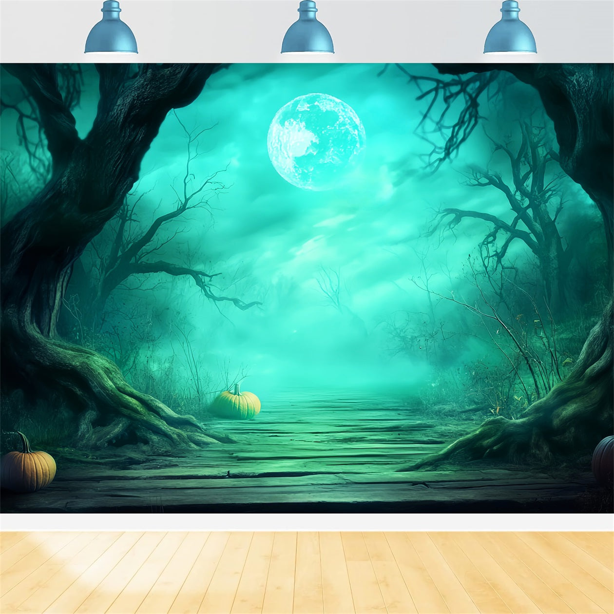 Toile De Fond Halloween Forêt Hantée Sentier Brumeux Citrouilles LXX59-137
